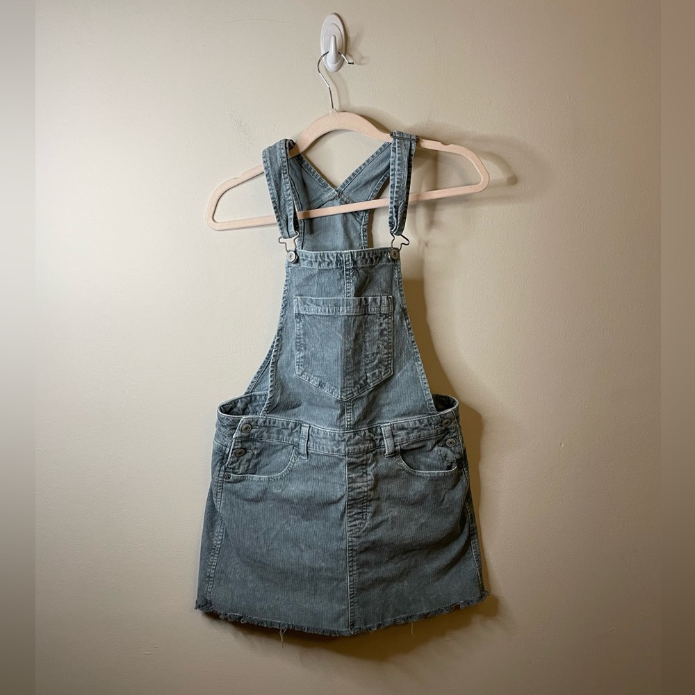 American Eagle Super Stretch Blue/Green Corduroy Overall Dress Raw Hem